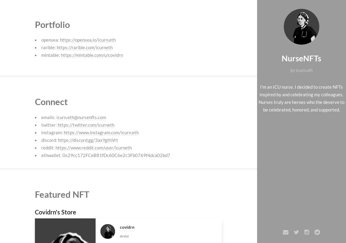 🚀  New dWebsite (14.3) 🚀 

NurseNFTs by @icurneth: icurn.eth.limo

I'm an ICU nurse. I decided to create NFTs
inspired by and celebrating my colleagues. Nurses truly are heroes who the deserve to be celebrated, honored, and supported.