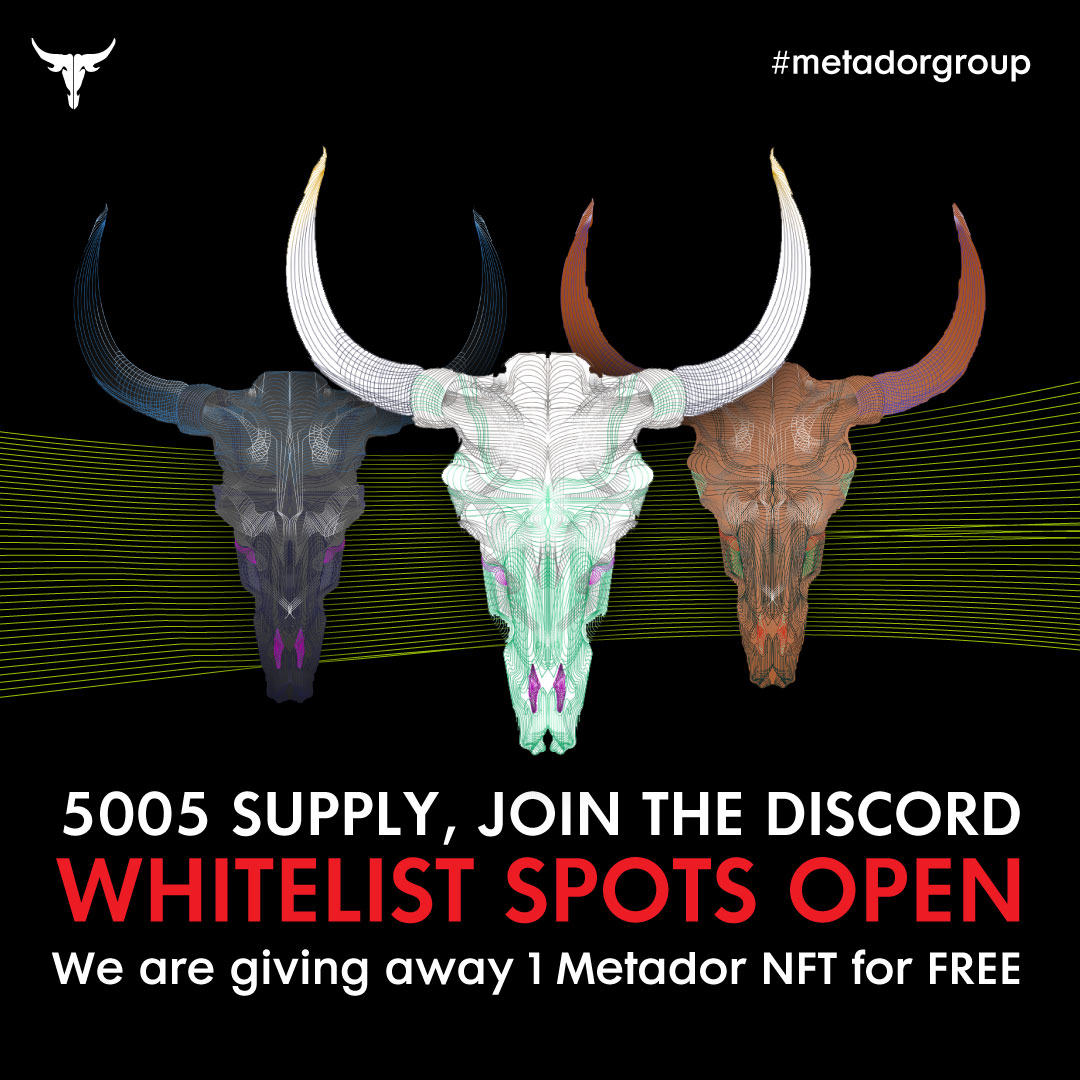 MetadorGroup's tweet photo. To celebrate our Launch, we are giving away 1 Metador NFT worth 1ETH ($2500)!
To win :
1)  Follow Twitter
2)  Like, Tag 2 Friends, 
3) Join Discord and say "Im a metador" (LINK IN BIO)
4) Post a story on instagram and saying "Im a Metador" and tag us.#nft #Giveaway  #GiveawayNFT https://t.co/bGIGiG0VWt
