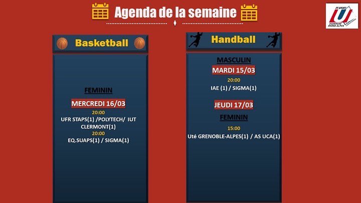 ⏰ AGENDA DE LA SEMAINE ⏰

Retrouvez les lieux des rendez-vous sur le site : sportco.abyss-clients.com/rencontres

Bonne semaine de compétition 🥇
