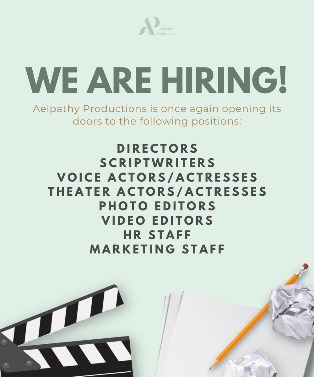 We heard you loud and clear. 💚

Aeipathy Productions is opening its gates now to #ANIRP! 

Hiring period ends at March 20, until 11:59 pm only. The application form is available at our carrd: aeipathyproductions.carrd.co

Let your passion burn within you. 🔥