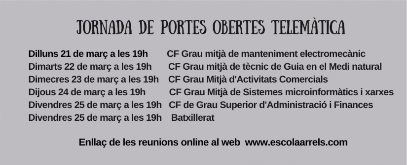 La setmana vinent farem jornada de portes obertes dels estudis postobligatoris. Totes les sessions seran en línia emprant el programari Meet. Els enllaços són ja al web. Veure: escolaarrels.cat/events/portes-…

#estudisPostobligatoris #formacioProfessional #batxillerat