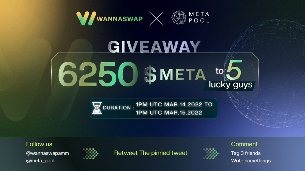 Giveaway 6250 $META to 5 lucky guys. All you need:
👉 Follow twitter: <a href="/wannaswapamm/">wannaswap</a> &amp; <a href="/meta_pool/">Meta Pool</a> . 
👉 RT the pinned tweet.
👉 Tag 3 friends. 
🔥🔥🔥
