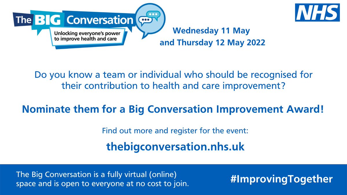 Do you know a team or individual who should be recognised for their contribution to health and care improvement?

🌟Nominate them for a Big Conversation Improvement Award!🌟

Find out more (&amp; register for your FREE place for the event): thebigconversation.nhs.uk

#ImprovingTogether