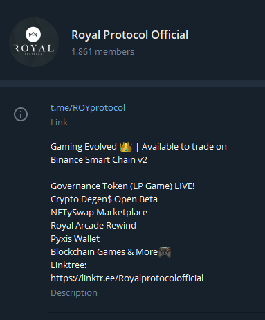 Join #RoyalProtocol's Telegram channel❗️

t.me/ROYprotocol

#Game #defigame #ROY  #softwarecompany  #cryptocurrency #crypto #Game-Fi #CryptoDegenz #Marketplace #Token #BlockchainGaming #Blockchain #RoyalProtocol #gaming #nft #NFTGaming #GameOn #Arcade #GameFi #indie #DeFi