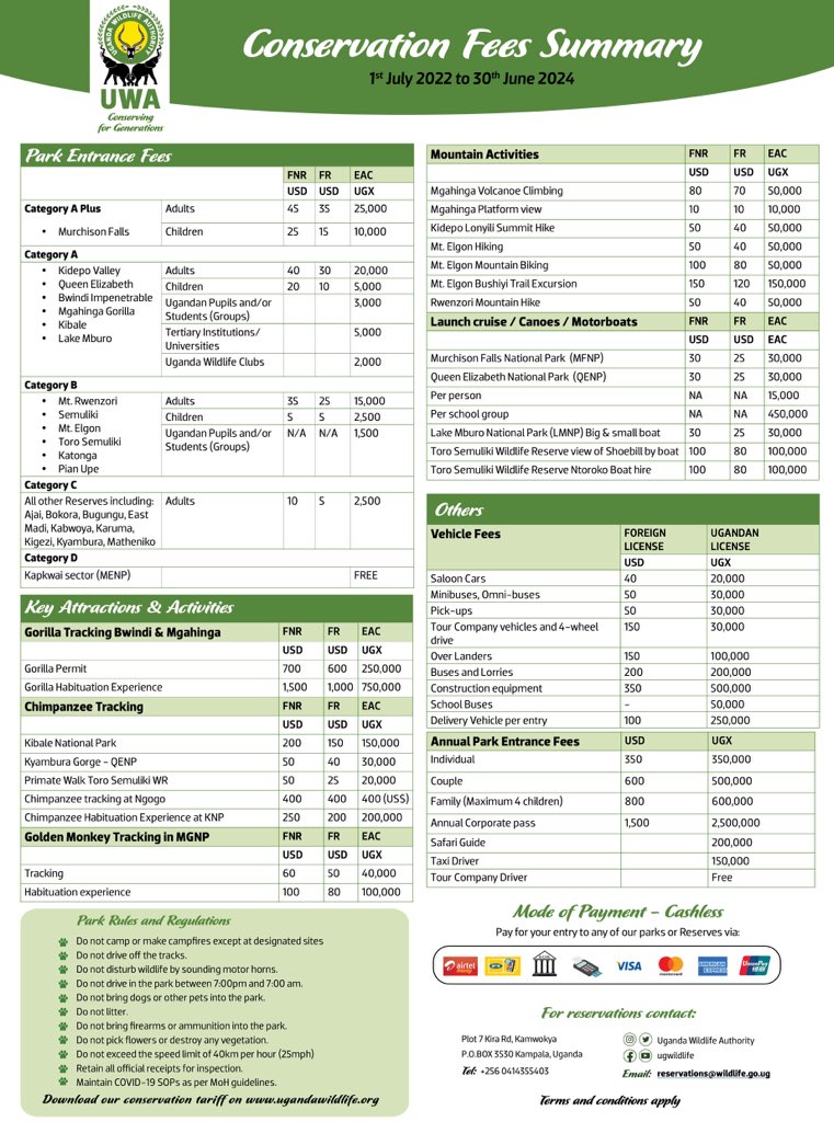 The new Uganda conservation tariff. These revised fees go into effect starting 1st July 2022. 📧 reservations@wildlife.go.ug for more details. #exploreuganda #tulambulewild #conservingforgenerations 
#gorillabikingug