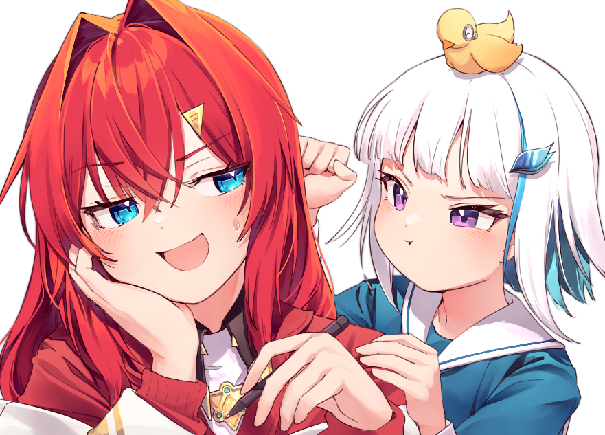 ange katrina ,lize helesta multiple girls 2girls red hair hair ornament blue eyes white hair purple eyes  illustration images