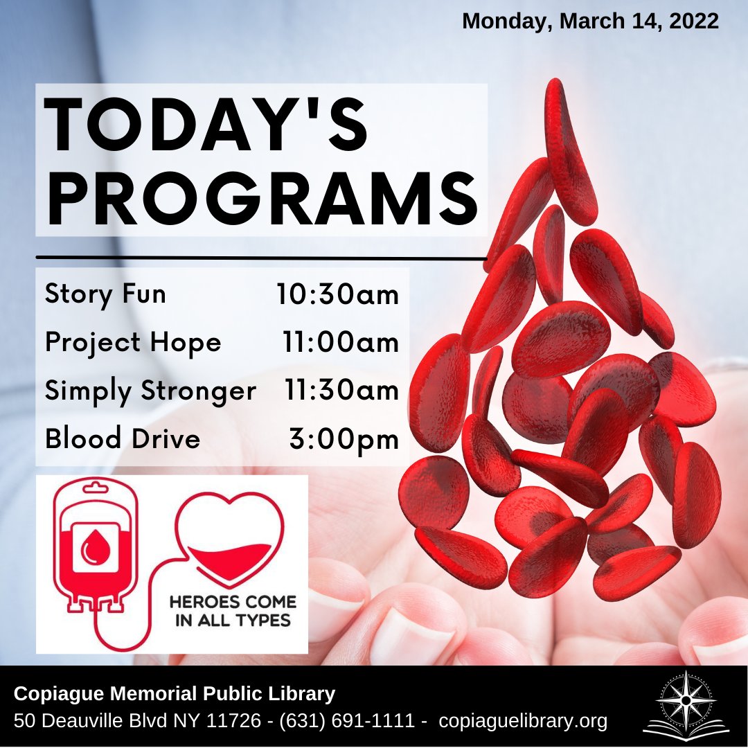 CopiagueLibrary's tweet image. Don&apos;t miss today&apos;s programs!
copiaguelibrary.org

#giveblood #blooddrive #Copiaguelibrary #ProjectHope #copiaguelibraryprograms #CopiagueNY #simplystronger #Storyfun #donateblood #giftoflife