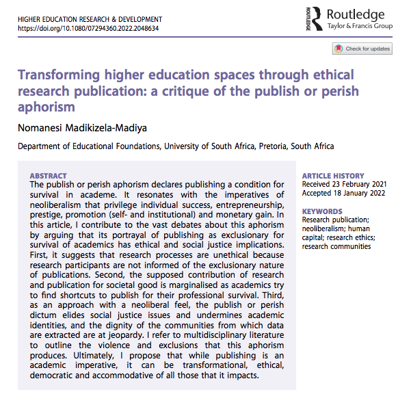 HERDJournal's tweet photo. Transforming higher education spaces through ethical research publication: a critique of the publish or perish aphorism, @Luhl1987, https://t.co/kqwkuCAwEn #HigherEd #PublishOrPerish #AcademicPublishing #ResearchEthics #Neoliberalism #AcademicTwitter #AcademicChatter #AcWri https://t.co/dJeRPCbHhM
