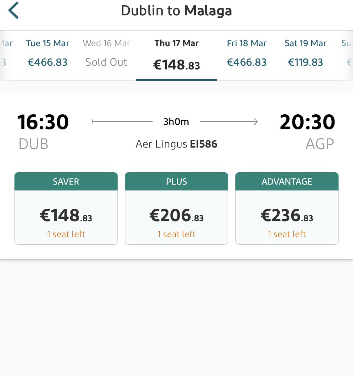 Collins13Laura's tweet photo. @AerLingus The flight in question is this Thursday. So if “fares tend to increase as more seats are sold”, how does it make sense that the last seat of the flight is significantly cheaper than 48 hours previous https://t.co/Qp2tzJ6Qpq