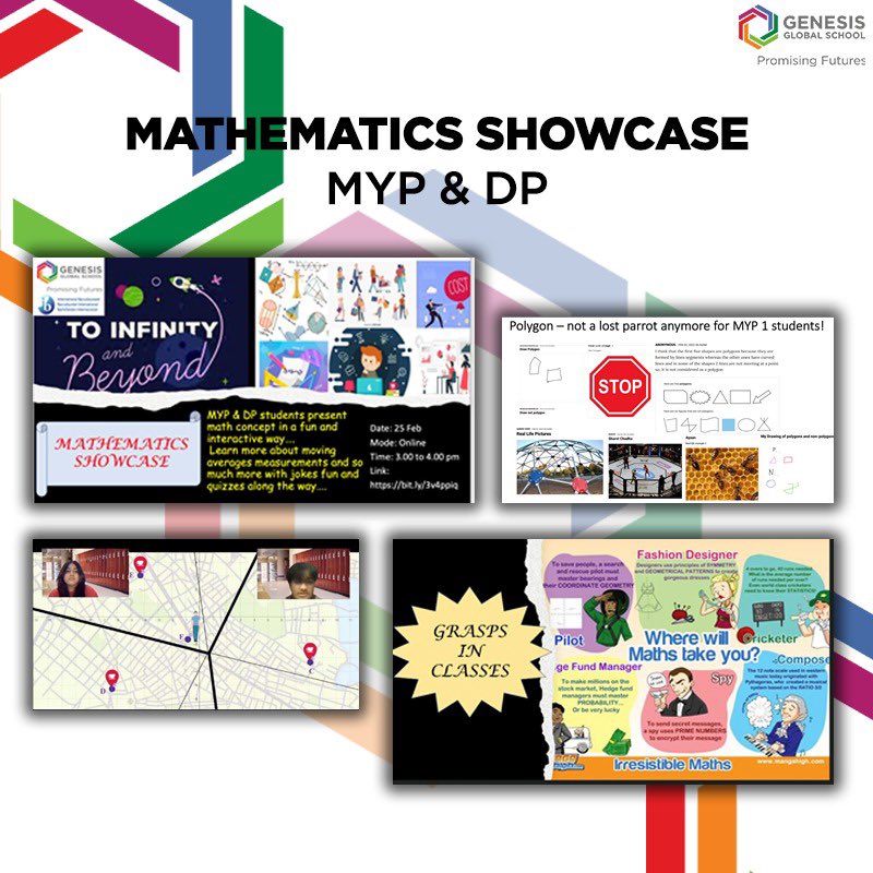 GenesisGSchool's tweet photo. Students from across all MYP and DP grade levels enthusiastically participated in showcasing their interpretations of ATL’s, GRASP and Mathematical progression from MYP1 (Grade 6 IB) to DP2 (Grade 12 IB).
#MYP #DP #mathematics #showcase #SessionEnd #GenesisGlobalSchool https://t.co/SDm4V4yz28