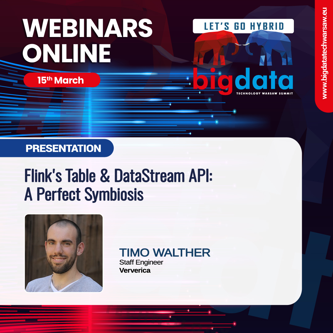 Timo Walther (@twalthr) on Twitter photo Join us tomorrow 15th March, 3pm (UTC+1 / CET), online & free.
I will present how <a href="/ApacheFlink/">Apache Flink</a> solves different scenarios: as a batch processor, a changelog processor, or a streaming ETL tool.
You can still register here if you are interested:
bigdatatechwarsaw.eu/webinar-online/ Join us tomorrow 15th March, 3pm (UTC+1 / CET), online & free.
I will present how <a href="/ApacheFlink/">Apache Flink</a> solves different scenarios: as a batch processor, a changelog processor, or a streaming ETL tool.
You can still register here if you are interested:
bigdatatechwarsaw.eu/webinar-online/