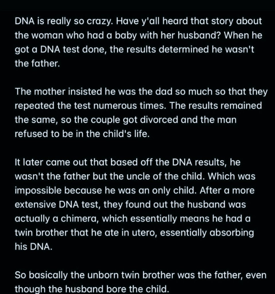 Kehindephilip6's tweet image. Someone release the sperm but something inside of him is responsible for the DNA of the offspring called Chimera.  Just so you know that only God can give rest not science, scientist are trying but how many home have scatter  unaware of the Chimera

Bolt Cultist Osibanjo Lekki