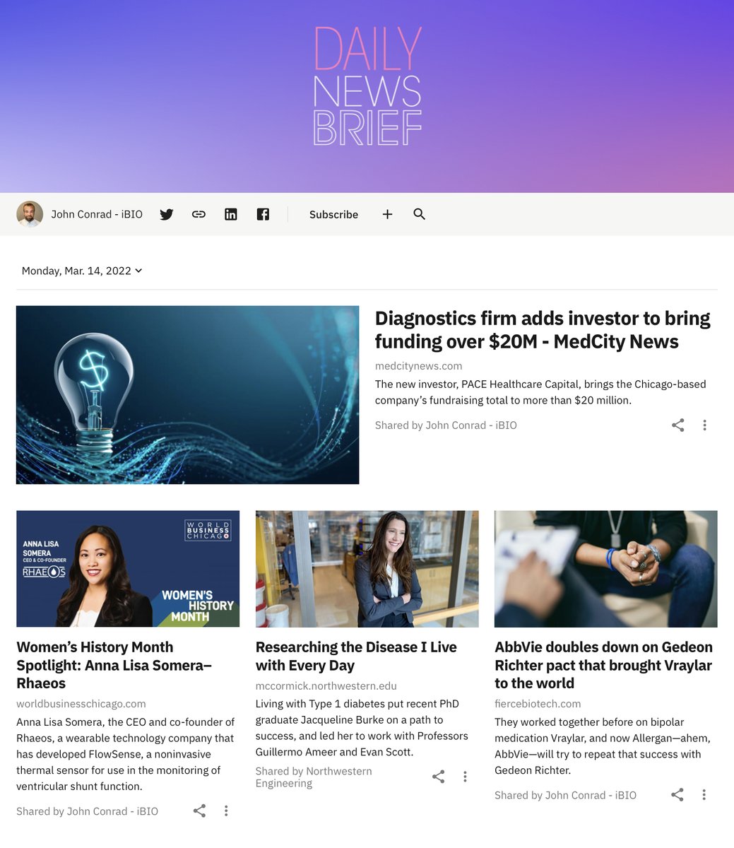 iBIO_John's tweet photo. Today’s NewsBrief: Chicago diagnostics firm, Prenosis, adds investor to bring funding over $20M🧬. Delivering the top #LifeSciences news. Read more 👉 https://t.co/f54Ph1T8sm https://t.co/jq73sCU6Mv