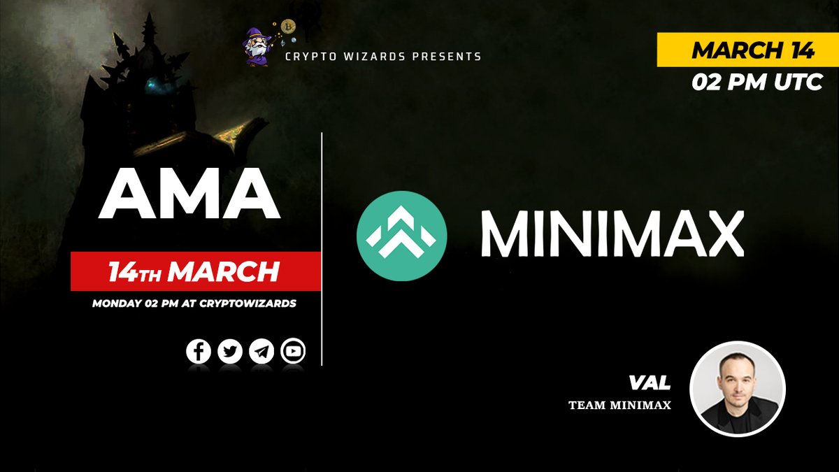 Crypto Wizards (@wizards_crypto) on Twitter photo #AMA With MinimaxFinance
on March 14th 2022 @ 2:00 PM UTC
VENUE: t.me/CryptoWizardsC…
………
1. Follow :
<a href="/wizards_crypto/">Crypto Wizards</a>
@MinimaxFinance
2. Like & Retweet
3. Comment your questions
Check Telegram announcement for further rules and attend the AMA for rewards #AMA With MinimaxFinance
on March 14th 2022 @ 2:00 PM UTC
VENUE: t.me/CryptoWizardsC…
………
1. Follow :
<a href="/wizards_crypto/">Crypto Wizards</a>
@MinimaxFinance
2. Like & Retweet
3. Comment your questions
Check Telegram announcement for further rules and attend the AMA for rewards