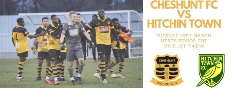 cheshuntfcscore's tweet photo. The Ambers are home tomorrow evening against @HitchinTownFC in the Herts Senior Cup
Kick off 7:45pm

Tickets can be purchased here https://t.co/8CvrYoSbul
Come down and show your support!

#cheshuntfc
#ambers https://t.co/hz48nqgyL6
