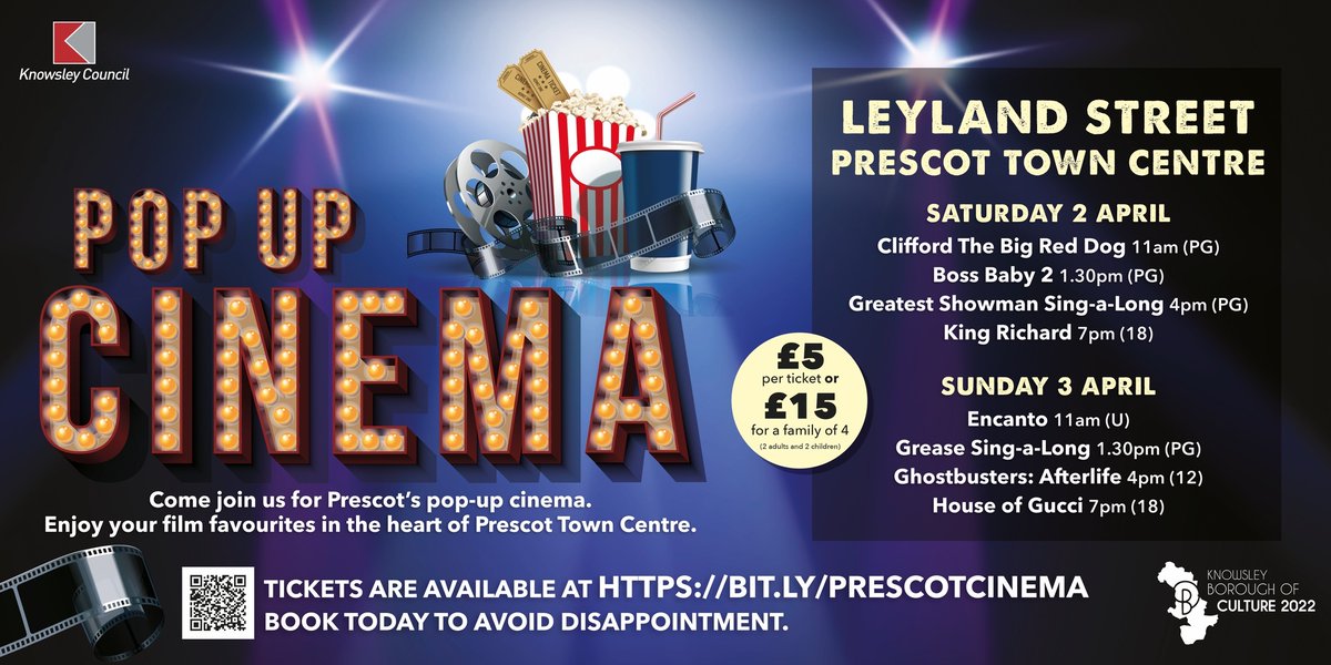KnowsleyCouncil's tweet image. A pop-up cinema is coming to Prescot at the beginning of April. The cinema will showcase something for all ages, with screenings during the day and into the evening. Tickets cost £5 or £15 for a family of four. Book early to avoid disappointment! orlo.uk/dbv5p