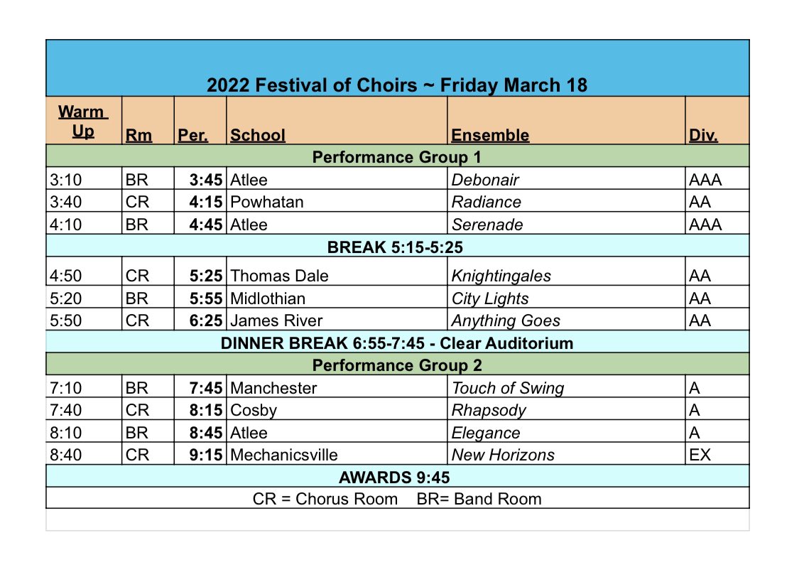 hhsmhsFOC's tweet photo. Festival of Choirs 2022 is this week!! Here are the schedules! https://t.co/B0OVWolhAM