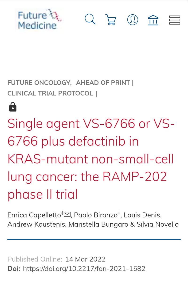 CrozrX's tweet photo. https://t.co/J9xJqxfCuP
Single agent #VS6766 or VS-6766 plus #Defactinib in KRAS-mutant non-small-cell lung cancer: the #RAMP202 phase II trial.
NCT04620330
#KRAS #NSCLC
Strong signal identified in the #FRAME study showed 57%RR, 100% DCR https://t.co/EKFiYZQM7y