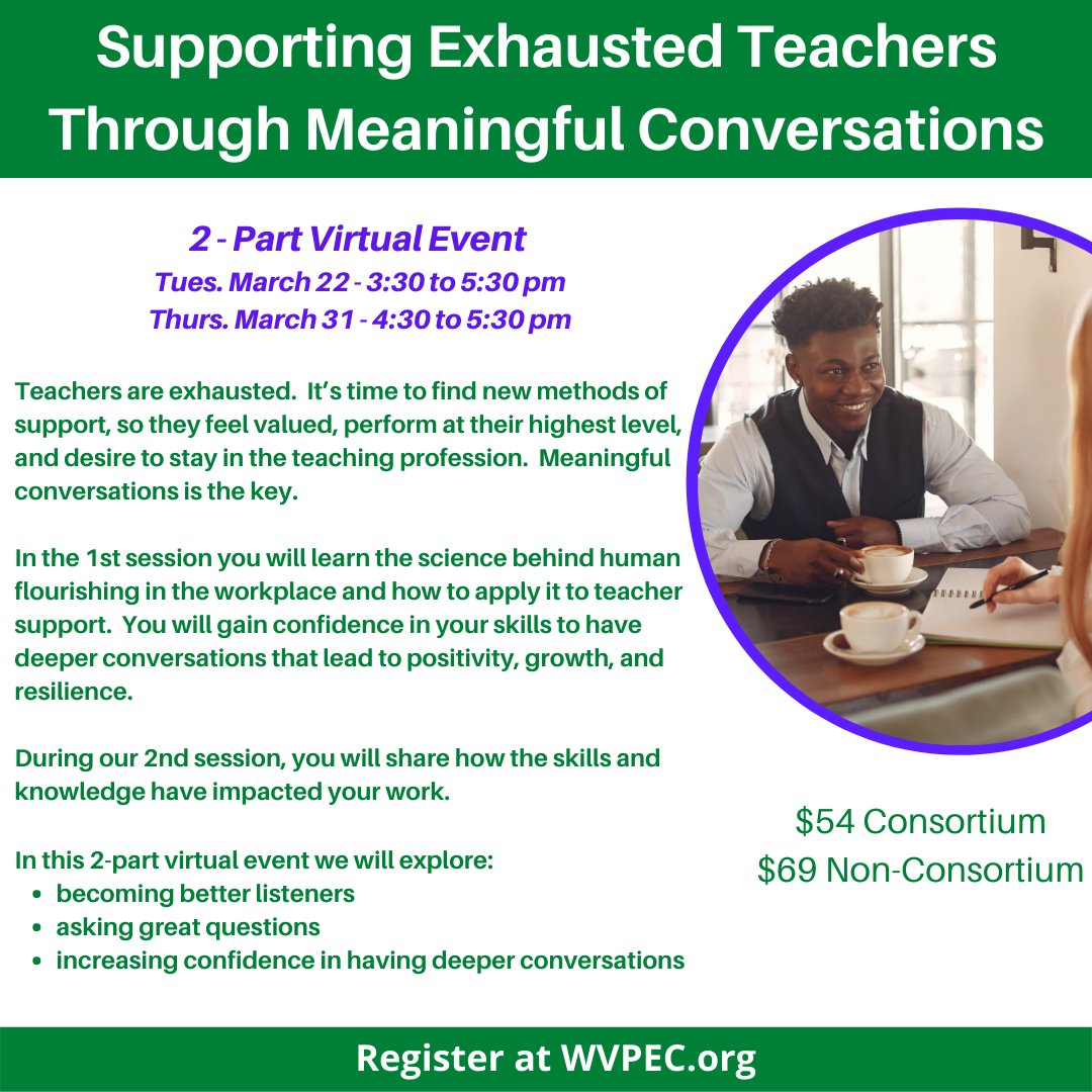 WVaPEC's tweet image. PD with Mia Pumo for principals, administrators, teachers - those who work with teachers. Registration closes March 21, 2022, at 12 Noon.  docs.google.com/forms/d/e/1FAI… or follow the link at wvpec.org  #exhaustedteachers #instructionalcoaching #communications #principals