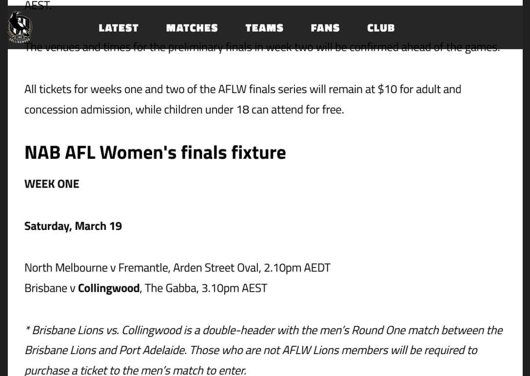 ramdanj's tweet photo. So to go to @aflwomens final @CollingwoodAFLW v @lionsaflw u have to be a Wmember of the Lions or buy ticket to that nights Mens @brisbanelions game! What!? Well done to all involved. Buy ticket to MANS game to see Womans final! @AFL marketing @ it’s best! @AFL360 @brisbanelions https://t.co/y7pgIOVZnQ