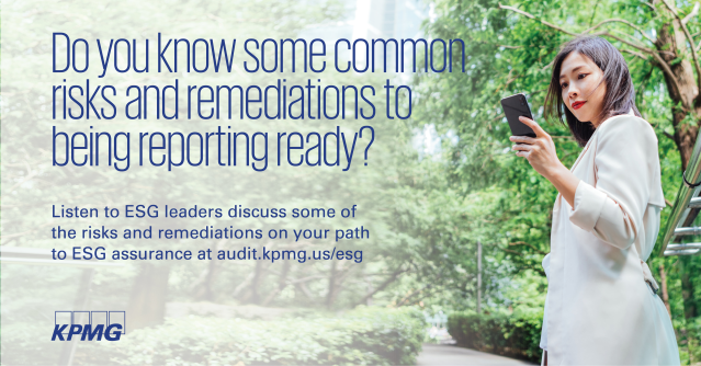 🎧 GOOD LISTEN: Is your company ready for ESG reporting? In this new podcast <a href="/KPMG_US/">KPMG US</a> audit leaders discuss the risks and remediations on your path to assurance. #KPMGIMPACT #ESG #assurance #sustainability bit.ly/36bbEUx