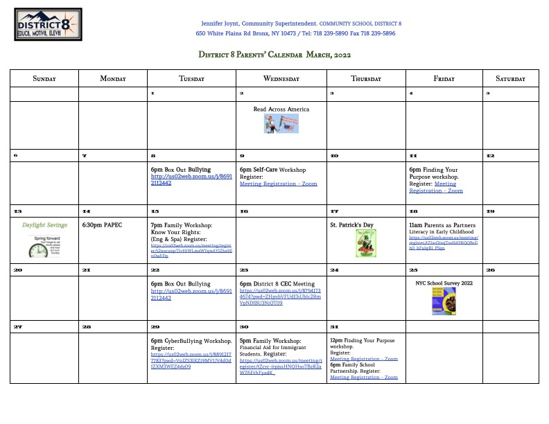 Happy Monday! Interested in finding out what's going on in our school district? Check out the District 8 Parent Event Calendar for March, posted below.