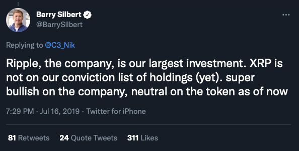 digitalassetbuy's tweet photo. This is one of the great XRP / crypto mysteries for me @BarrySilbert You had conviction on both XRP and @ripple in 2016 but by 2019 you were using the @novogratz @APompliano line of we are bullish on @ripple the company but...any SEC communications? https://t.co/s0dS9x2S1R