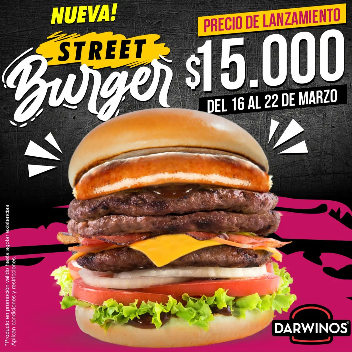 Nueva! STREET BURGER 🍔
Para los amantes de la buena carne!
.
Precio especial de lanzamiento del 16 al 22 de marzo!
.
☑️Triple carne (300gr)
☑️Queso Cheddar
☑️Tocineta
☑️Chorizo
☑️Vegetales frescos
☑️Salsa BBQ
.
Solo por $15.000 
(NO incluye Gaseosa)
