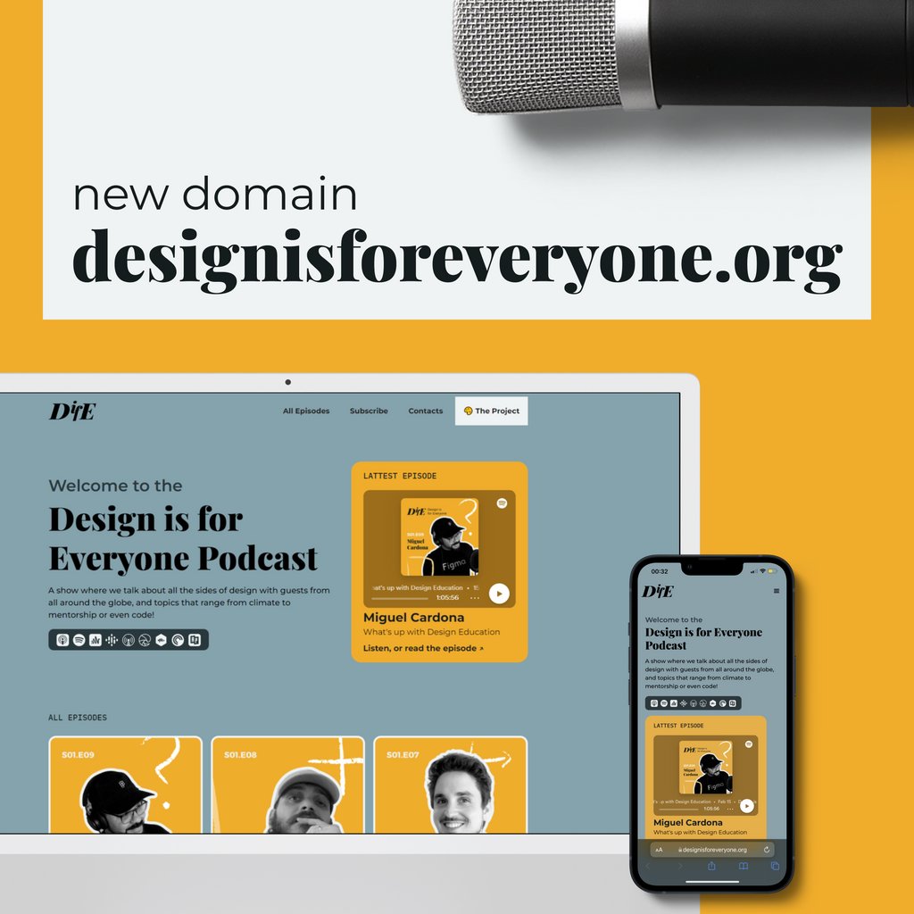 design_everyone's tweet photo. Ok, it's official! 😎
We now have a proper domain!

You can start visiting us on https://t.co/Rq5hIESouE where you can find all the episodes of the #podcast, and soon a lot more new content.

#Design #DifE #DesignIsForEveryone https://t.co/pgPXj5guTr