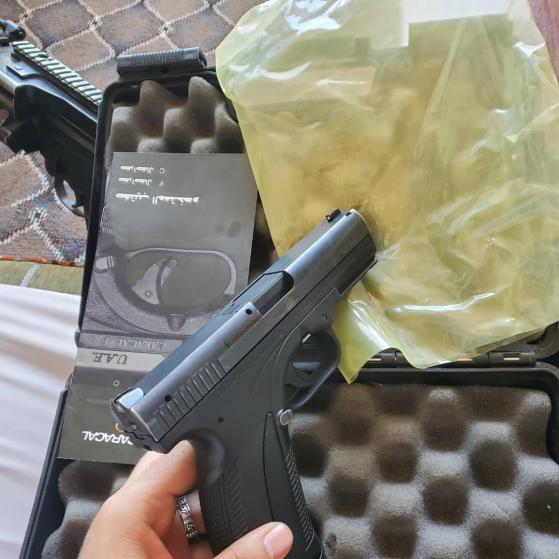A UAE made Caracal F pistol likely for sale in Yemen. It's chambered in standard 9x19 and is used by the UAE armed forces, though this one is a civilian sales version