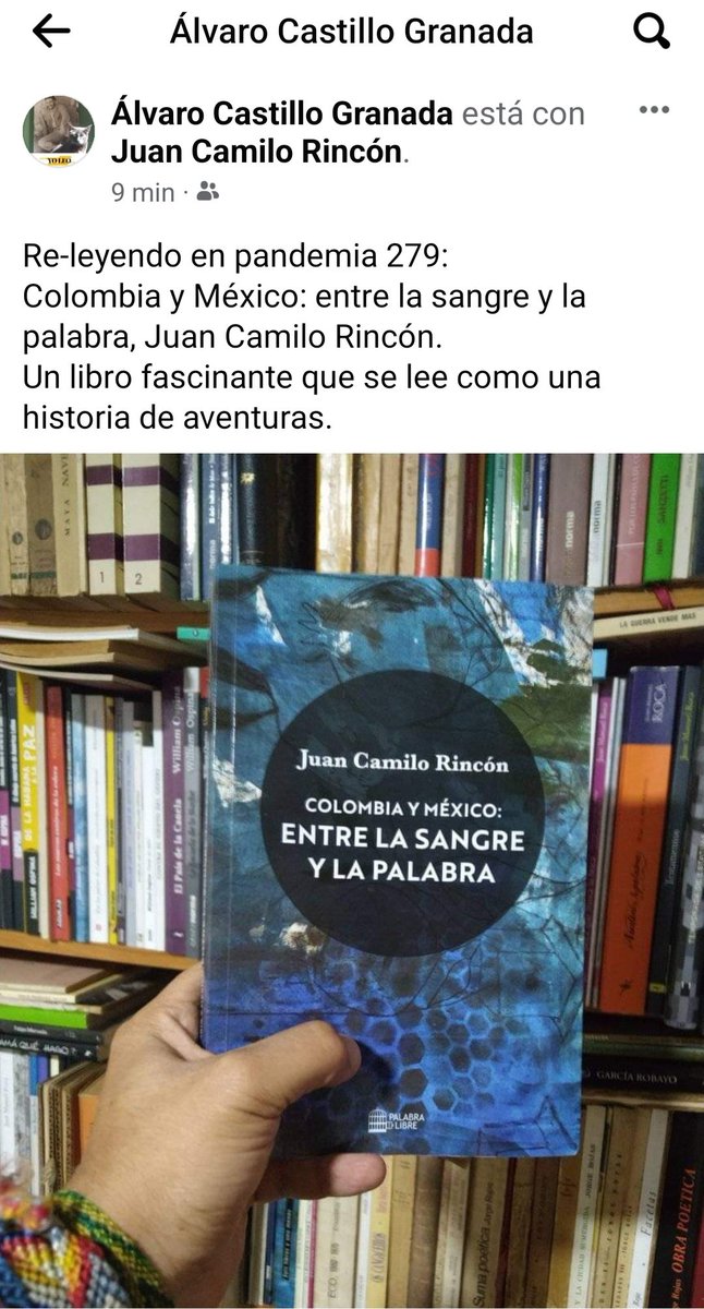 Otro gran lector de 'Colombia y México: entre la sangre y la palabra'. Gracias a Álvaro Castillo de #Sanlibrario por leer, disfrutar y compartir este viaje entre #ColombiaYMéxico

@PalabraLibreUS #ColombiaYMéxico #EntreLaSangreYLaPalabra