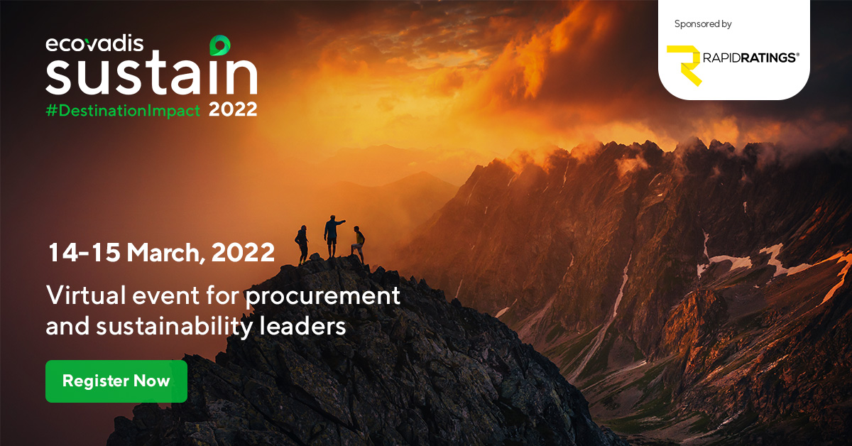 RapidRatings's tweet image. We are pleased to be a sponsor of EcoVadis’ annual #Sustain2022 conference, happening virtually on Mar 14-15.

Join us at #DestinationImpact to learn from industry leaders and uncover next steps on your sustainability journey. Sign up: bit.ly/3CAVQqg