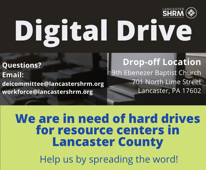LancasterSHRM's tweet photo. The DE&amp;I Committee is continuing its efforts to Bridge the Digital Gap by helping to supply local resource centers with working hard drives!

For more information, email us at deicommittee@lancastershrm.org

#hr #resorcecenter #bridgingthedigitalgap #lshrm #shrm https://t.co/AaYBw4htvD