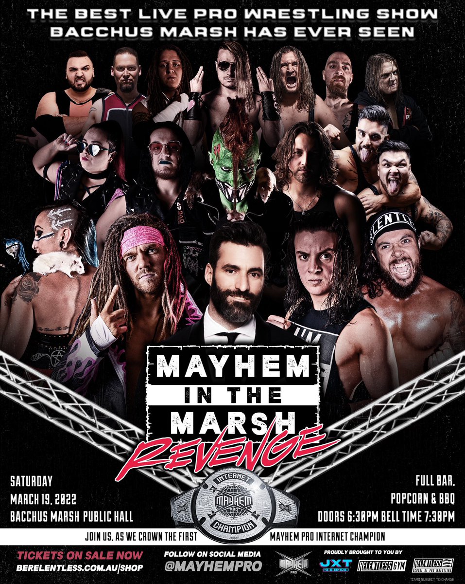 MayhemPro_'s tweet photo. 🚨SATURDAY🚨
Mayhem in the Marsh: Revenge

Feat:
- ‘Anthony from MAFS’ Tommy Hellfire
- 9 Huge matches with some of the best Wrestlers in Australia
- We crown the first ever Mayhem Pro Internet Champion
- Full bar, Popcorn &amp; BBQ

🎟 https://t.co/FnnOWR2piv
#MITMRevenge https://t.co/bXinSUAfVW