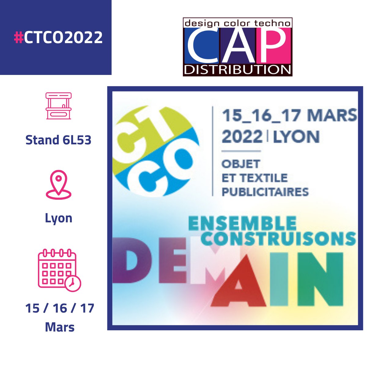 CAPDistribution's tweet photo. 🔴 #CTCO2022 : C'est demain !
📢 Du 15 au 17 mars, retrouvez nous au @Salon_CTCO sur le stand 6L53
🗺 A Lyon
#salon #distribution #CTCO https://t.co/3mFjXgsXY5