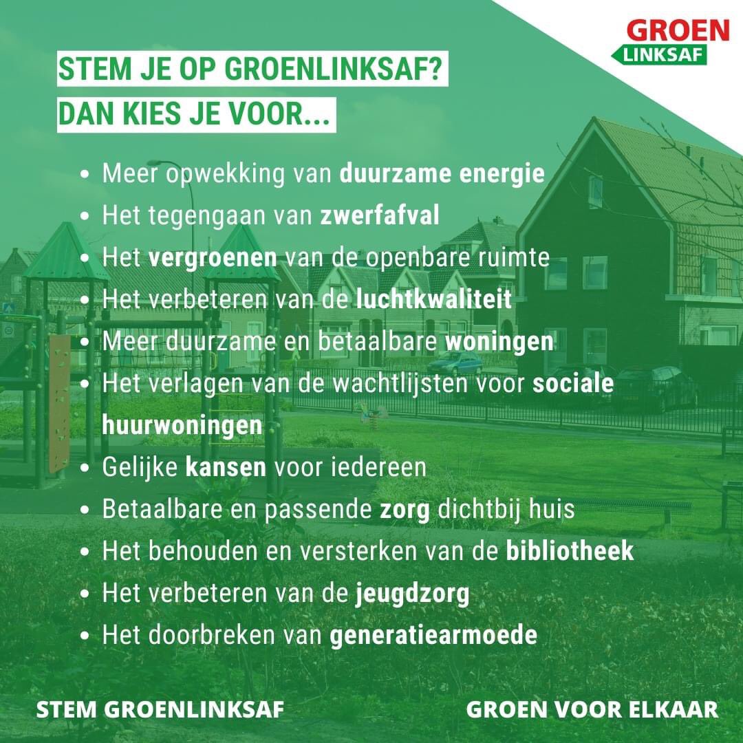 Een aantal van onze standpunten op een rij! 🗳Stem GroenLinksaf en kies voor een groene en sociale gemeente Waalwijk, waar er aandacht is voor mens, dier en natuur. ✊❤️💚

Ons volledige verkiezingsprogramma vind je hier: groenlinksaf.nl/programma
#GroenVoorElkaar #StemGroenLinksaf