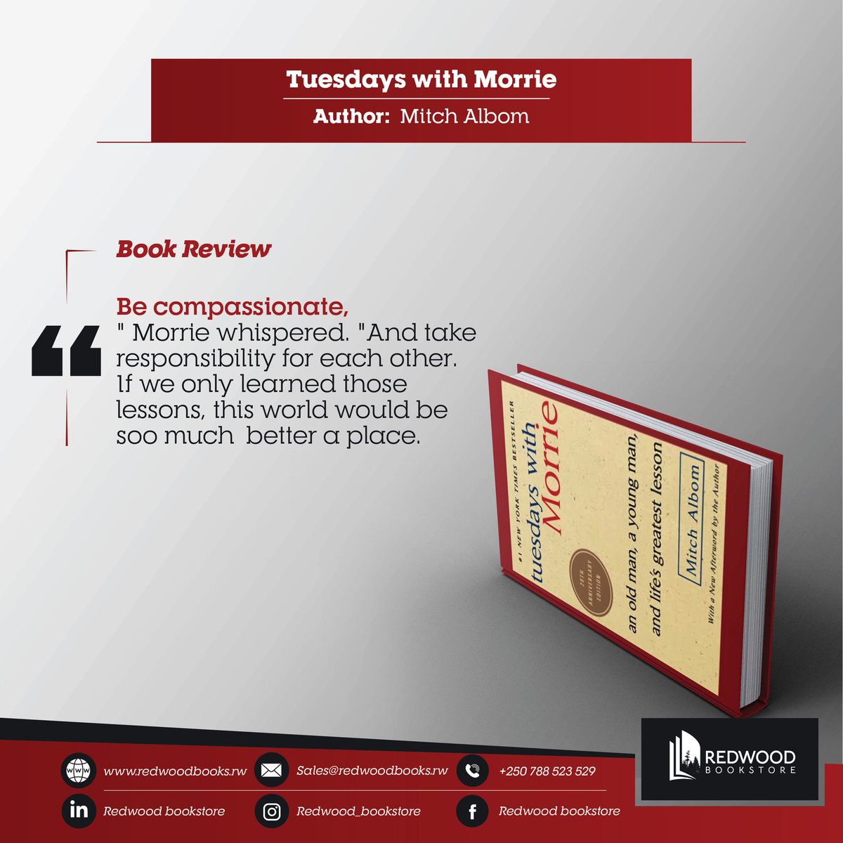 RedwoodBooks's tweet photo. As you go through this week crowning yourself with compassion, don’t forget to grab a copy of Tuesdays with Morrie by Mitch Albom from yours truly, Redwood Bookstore.

Visit us at https://t.co/L0TO02CQVR https://t.co/D3A93NjdpA