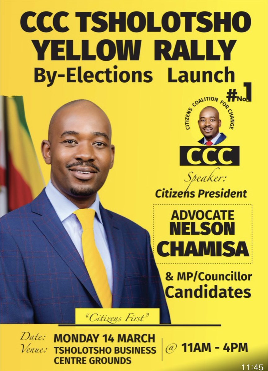 advocatemahere's tweet photo. ⭐️Today, the #YellowJuggernaut lands in Tsholotsho for a rally at Tsholotsho Business Centre Grounds!
⭐️We will leave no stone unturned in the fight to win Zimbabwe for change!
#YellowNation
#YellowTsholotsho
#RegisterToVoteZW https://t.co/svvtd4sV8U