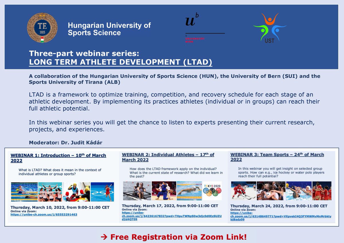 Topic: Long Term Athlete Development Webinar – Team Sports

Date/Time: 24.March.2022 09:00 AM Amsterdam, Berlin, Rom, Stockholm, Wien

 Join Zoom-Meeting 

unibe-ch.zoom.us/j/63148649771?…