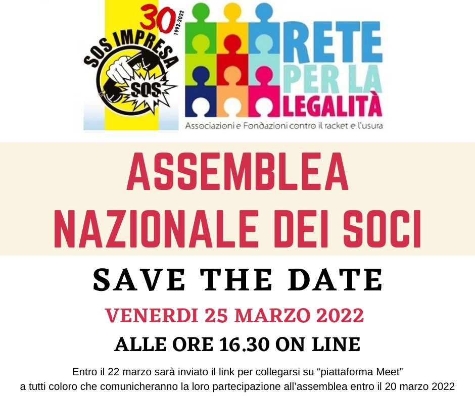 📌 25 marzo 2022 ore 16.30
✅ Assemblea nazionale #SosImpresa
⤵️ sosimpresa.org/sos-impresa-as…