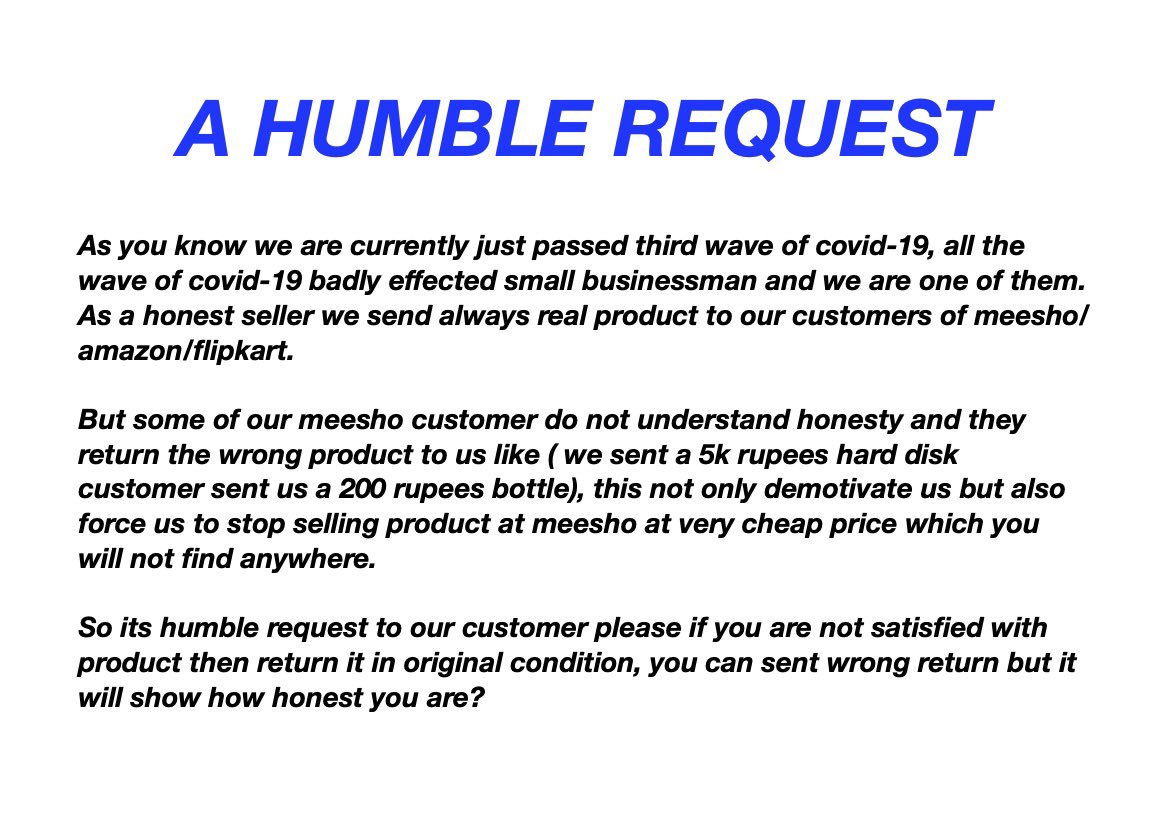 NikhilRokdiya's tweet photo. #MEESHOFRAUD #fraudmeesho i request to all supplier who sell honestly on meesho to run this trend and send this to your customer because now they are refusing video unpacking also its open fraud by @meesho_support https://t.co/TTbiC60gqV