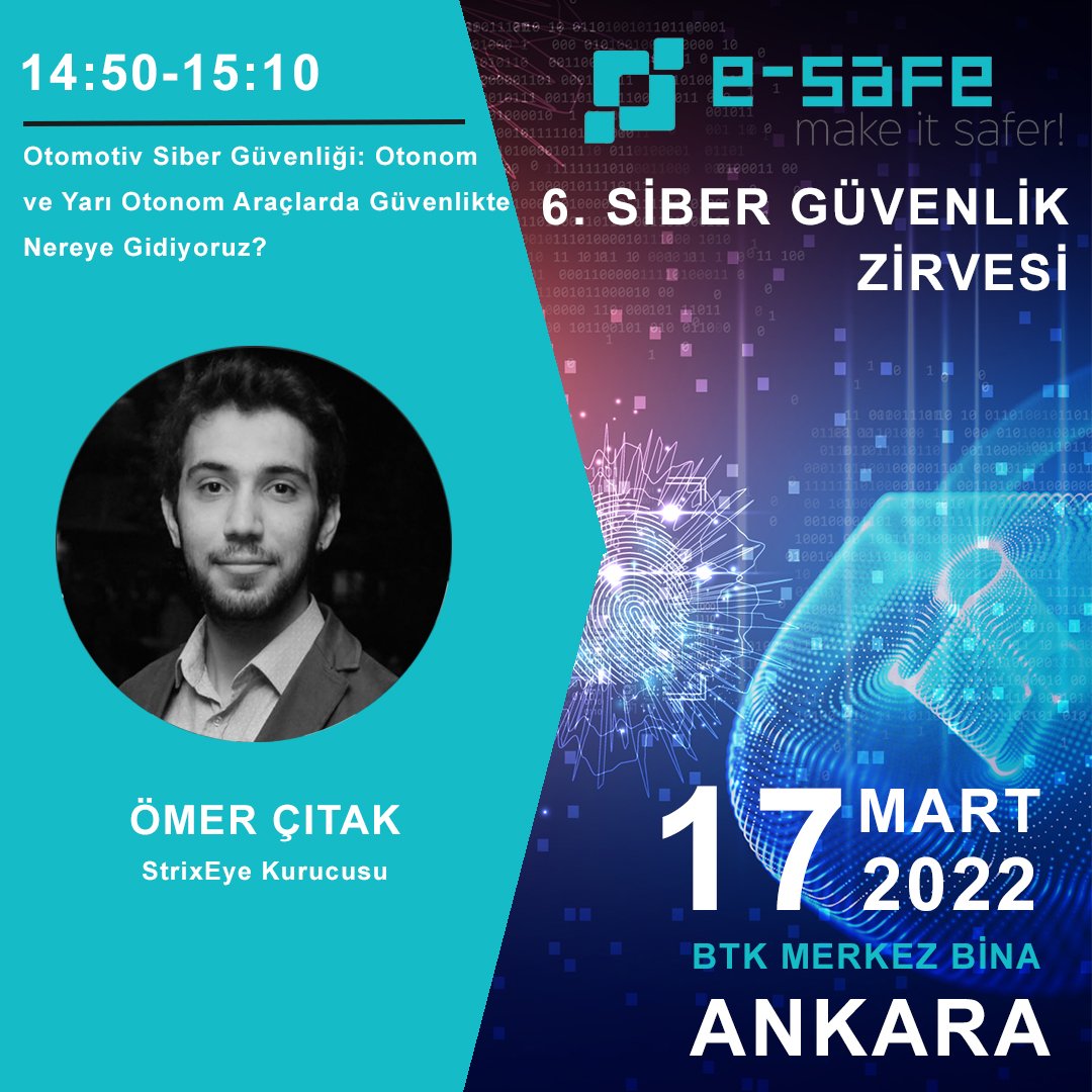 eSafeorg's tweet photo. 🛡6'ncı e-Safe Siber Güvenlik Zirvesi'nde StrixEye Kurucusu Ömer Çıtak, bir konuşma yapacak.

Sınırlı sayıda katılımcının yer alacağı etkinliğe katılmak için: 👉 https://t.co/xdXmrTTt0f

🗓17 Mart 2022
📍BTK Merkez Yerleşkesi / ANKARA 

#eSafe22 #SiberGüvenlikZirvesi https://t.co/dkYztEEkFb