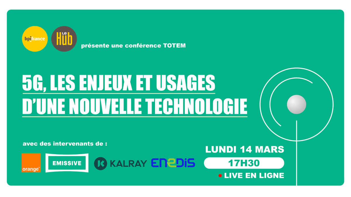 #LIVE ▶️ | "#5G les enjeux et usages d’une nouvelle technologie", c'est aujourd'hui à 17h30 !
Une conférence en ligne et gratuite organisée par @BpifranceHub regroupant plusieurs intervenants : <a href="/Emissive/">asmodee1</a>, <a href="/Kalrayinc/">Kalray</a>, et <a href="/enedis/">Enedis</a>.
👉 Pour s'inscrire : bit.ly/3MH6noi