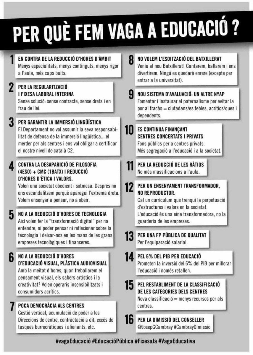 aaube24's tweet photo. Perquè fem vaga tots els Professionals de l'Educació? Doncs per aquests 16 motius i no pel calendari com diuen els mitjans de comunicació! #CambrayDimissió #VagaEducació #NegociacioRealJa https://t.co/mQMTwPainn