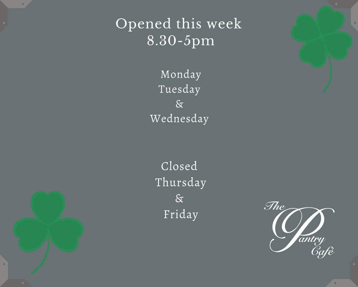 This weeks opening hours
8.30-5pm
Monday, Tuesday &amp; Wednesday
Closed
Thursday and Friday
#Nenagh #StPatricksDay #IrishFood #GoodFood #NenaghEats