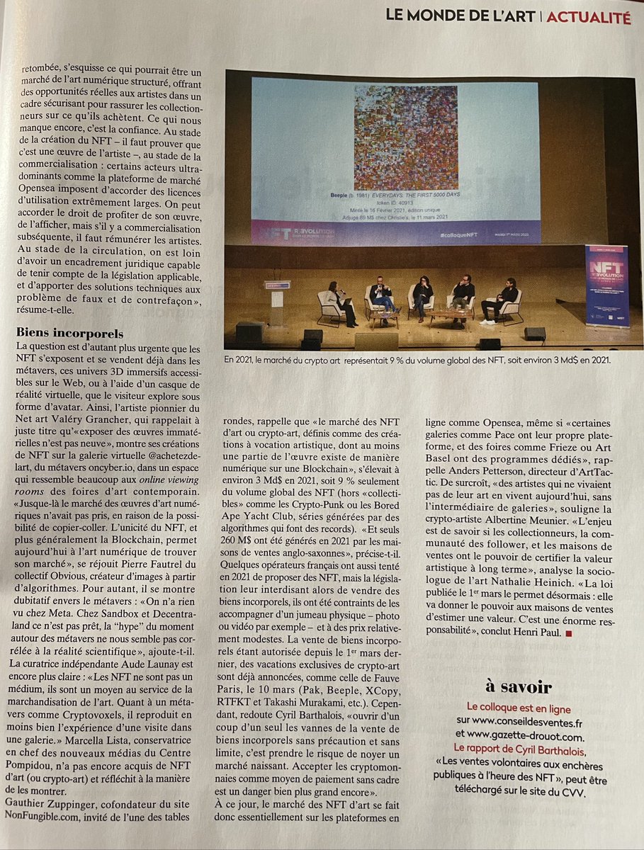 cbarthalois's tweet photo. Le compte-rendu du #colloqueNFT organisé par le @CVVEncheres et l’@AcadBeauxarts le 1er mars est à lire dans le dernier numéro de la @gazette_drouot. https://t.co/7bMjSre5LW