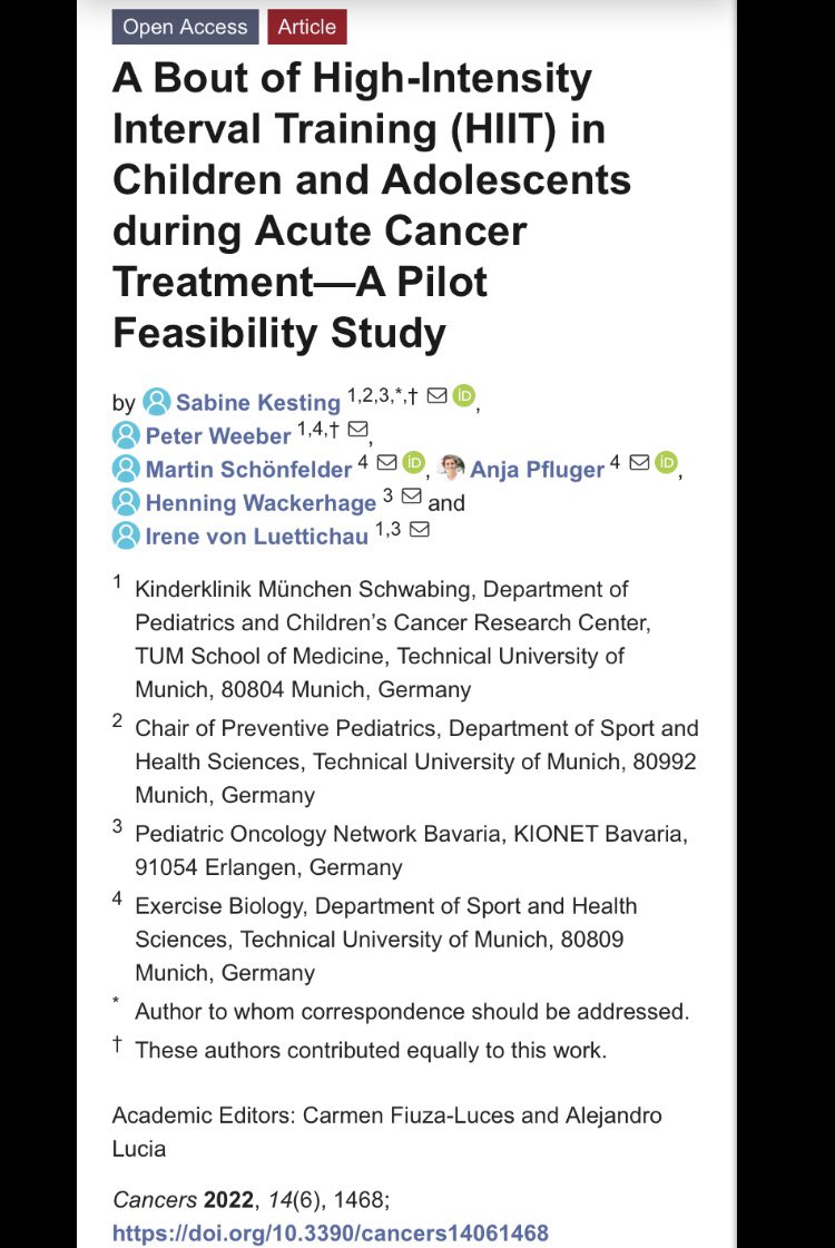 #NewPublication about the feasibility of a bout of HIIT in children during cancer treatment and one little step in the direction of mechanistic research in #pediatricexerciseoncology doi.org/10.3390/cancer…