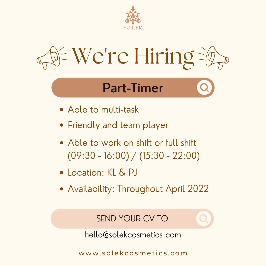 solekcosmetics's tweet photo. Are you looking for a part time job? Cause SO.LEK is hiring 👀 Reply to this tweet or DM us if you are interested 🙈 https://t.co/faDG7qdeCo