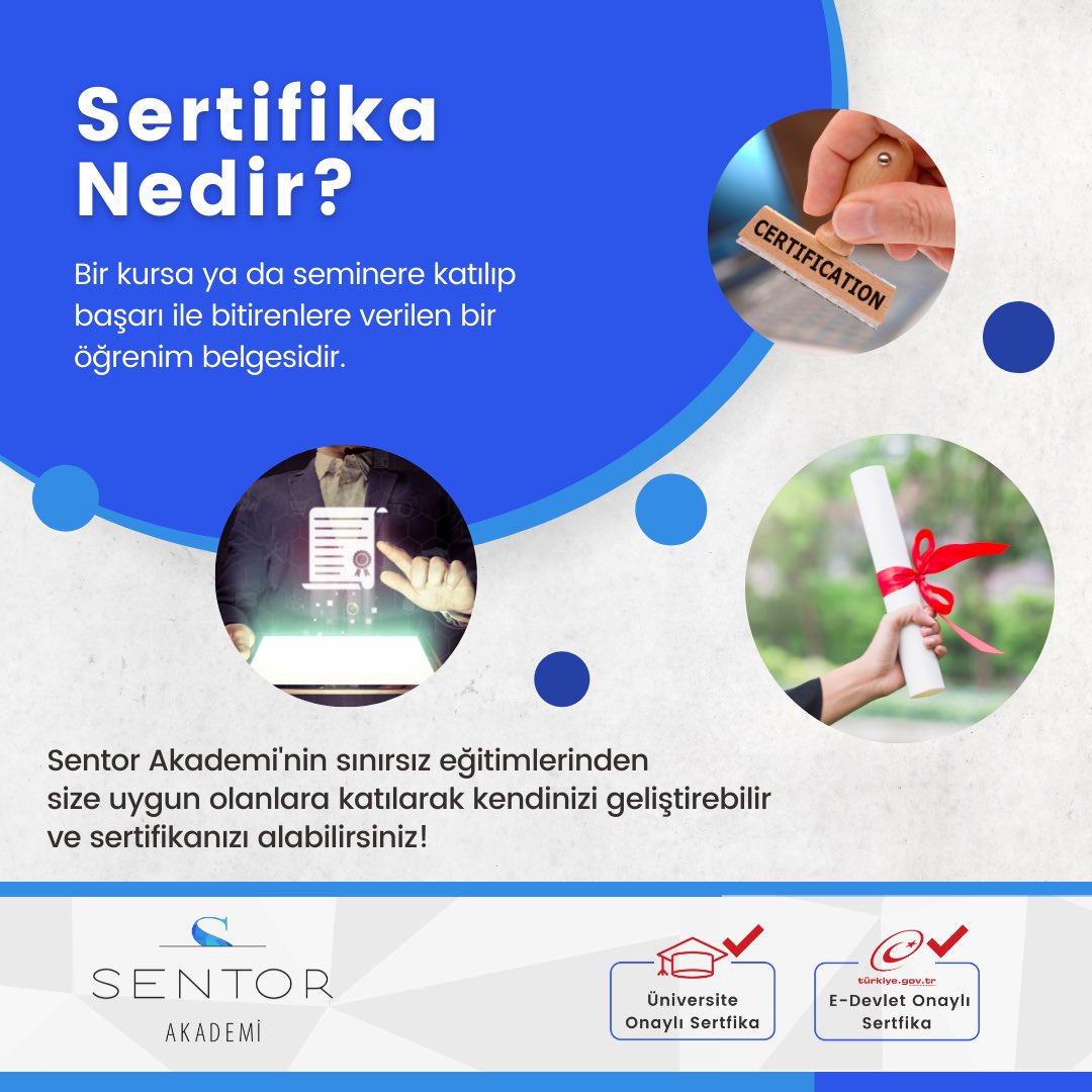 SentorAkademi's tweet photo. Sertifika Nedir?
Sentor  İstihdam’da kariyer arayışında olan akademi mezunlarımız sertifika sahibi olduklarından bir adım öne geçmiş oluyorlar.

#sentor #sentorakademi #akademi #academy #eğitim #education #bilgi #information #bdt #bilişseldavranışçıterapi #online #onlineeğitim https://t.co/zDdV0zbm7y