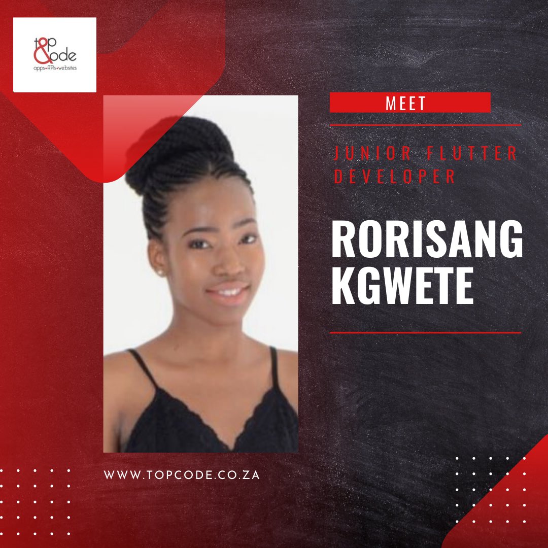 Topcode7's tweet photo. Meet Rorisang - Our junior Flutter Developer who “ I loves to solving problems. 

#topcode#softwarewdevelopment#websitedesign#e-commerce#webdevelopment#
flutter#ios#android#googleplaystore#galleryapp#applestore#apis https://t.co/QFSJ6kDbRj
